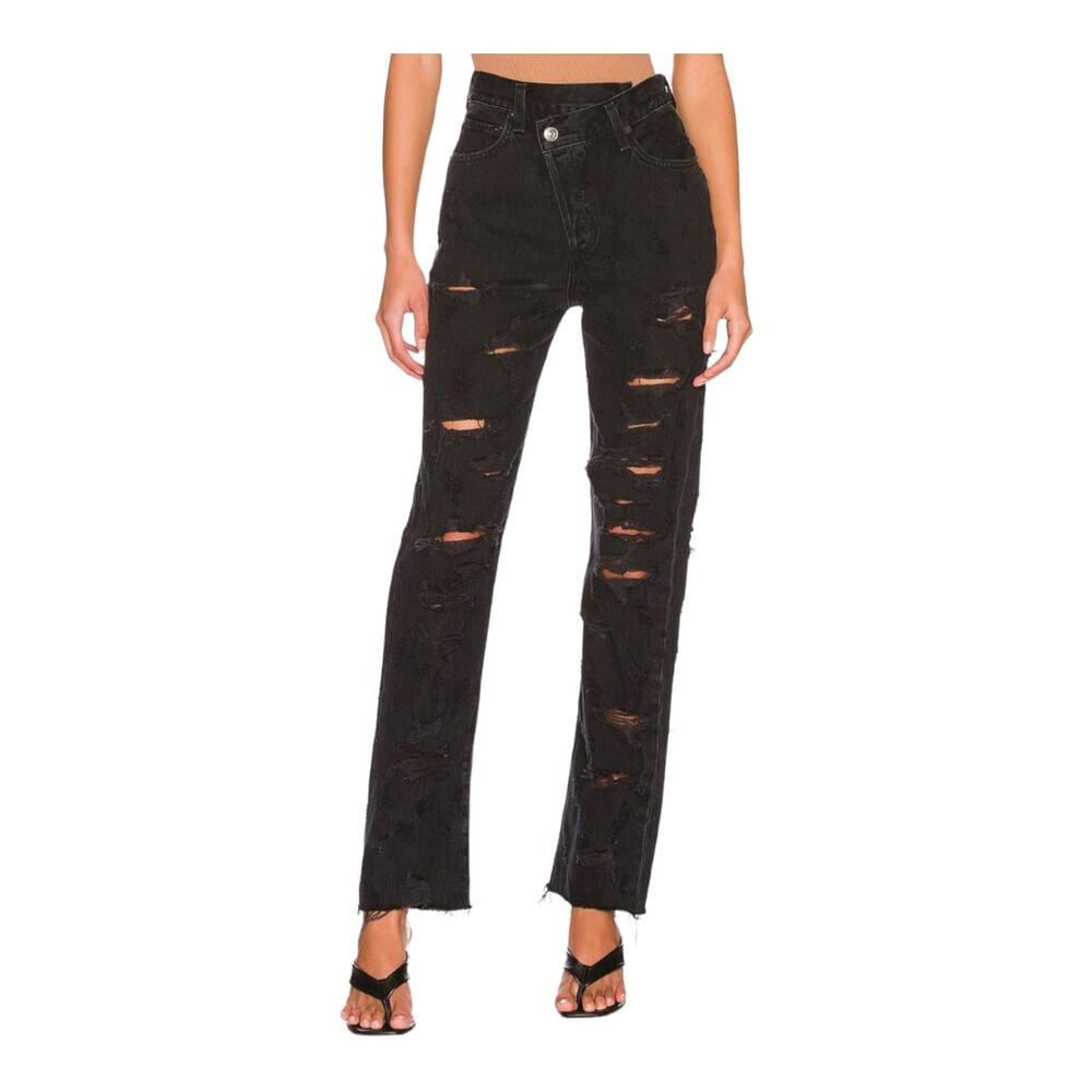 Agolde Distressed Criss Cross Jeans Black Women 26 Offset Button Closure